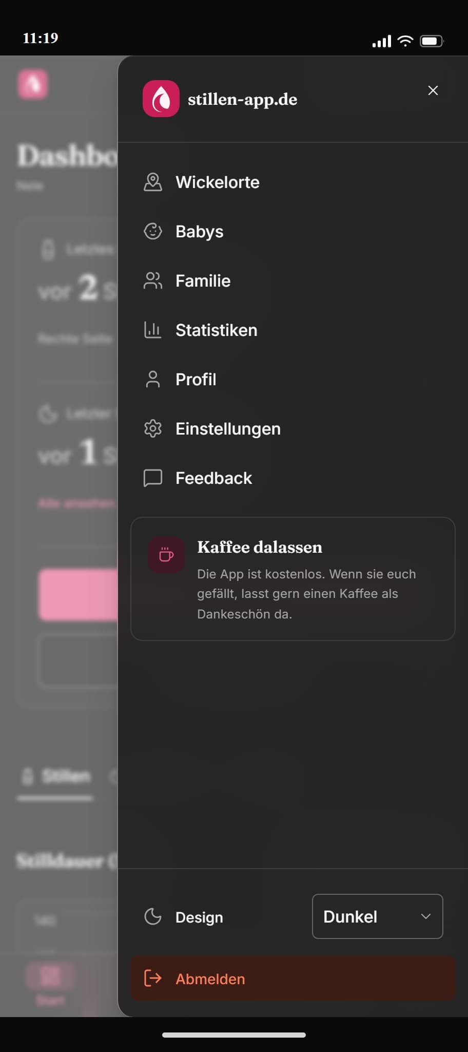 Geöffnetes Menü der Still-App mit den wichtigsten Bereichen