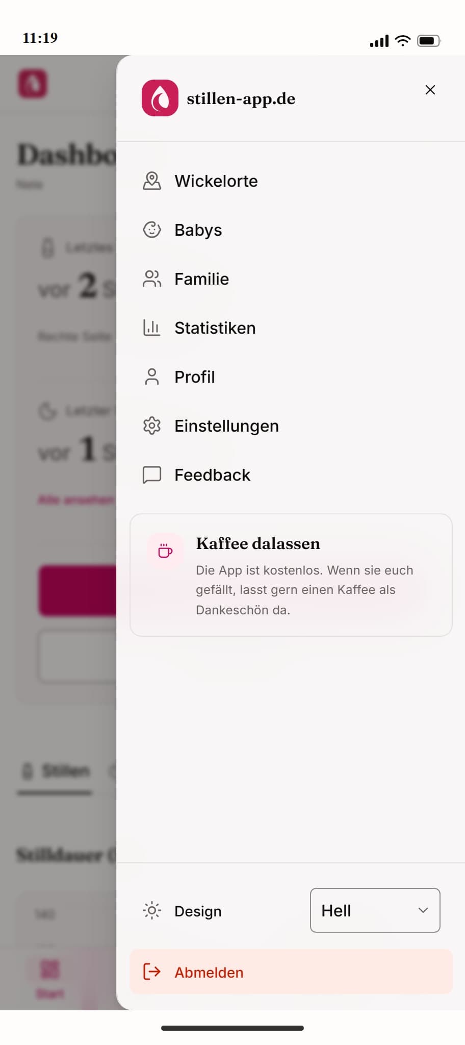 Geöffnetes Menü der Still-App mit den wichtigsten Bereichen