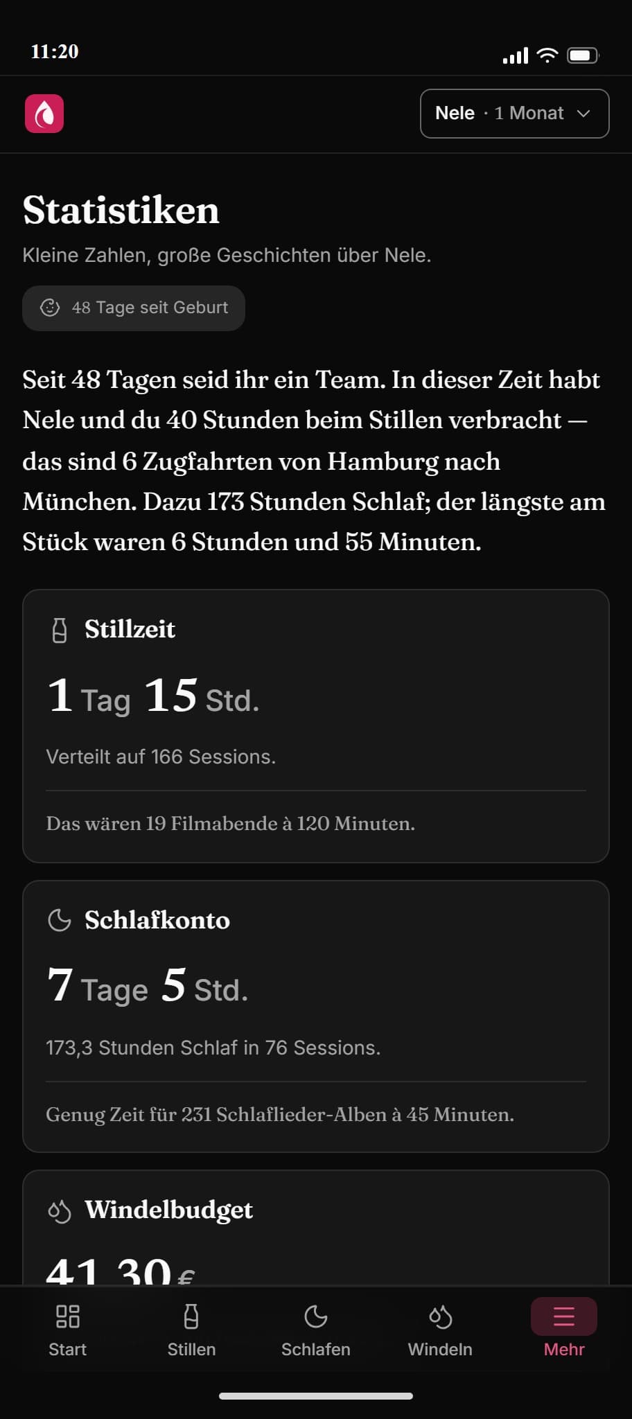 Statistikübersicht der Still App mit Stilldauer, Sessions pro Tag und Seitenverteilung