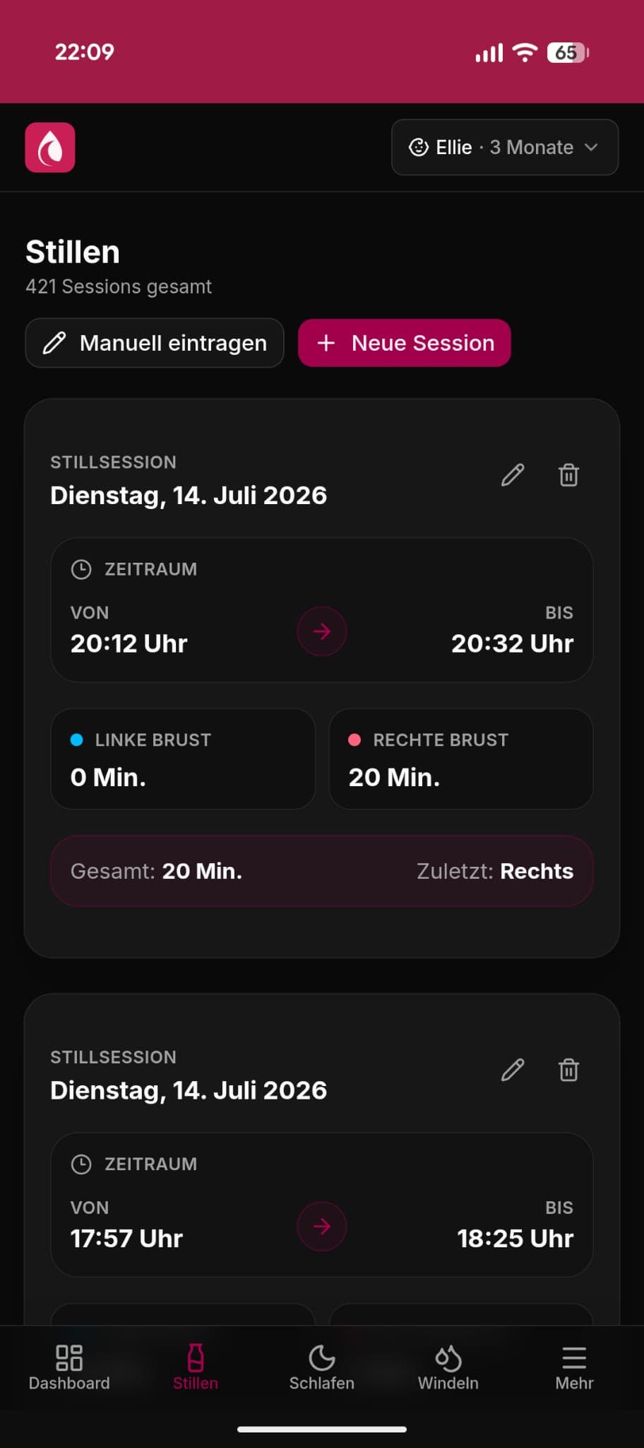 Liste dokumentierter Stillzeiten