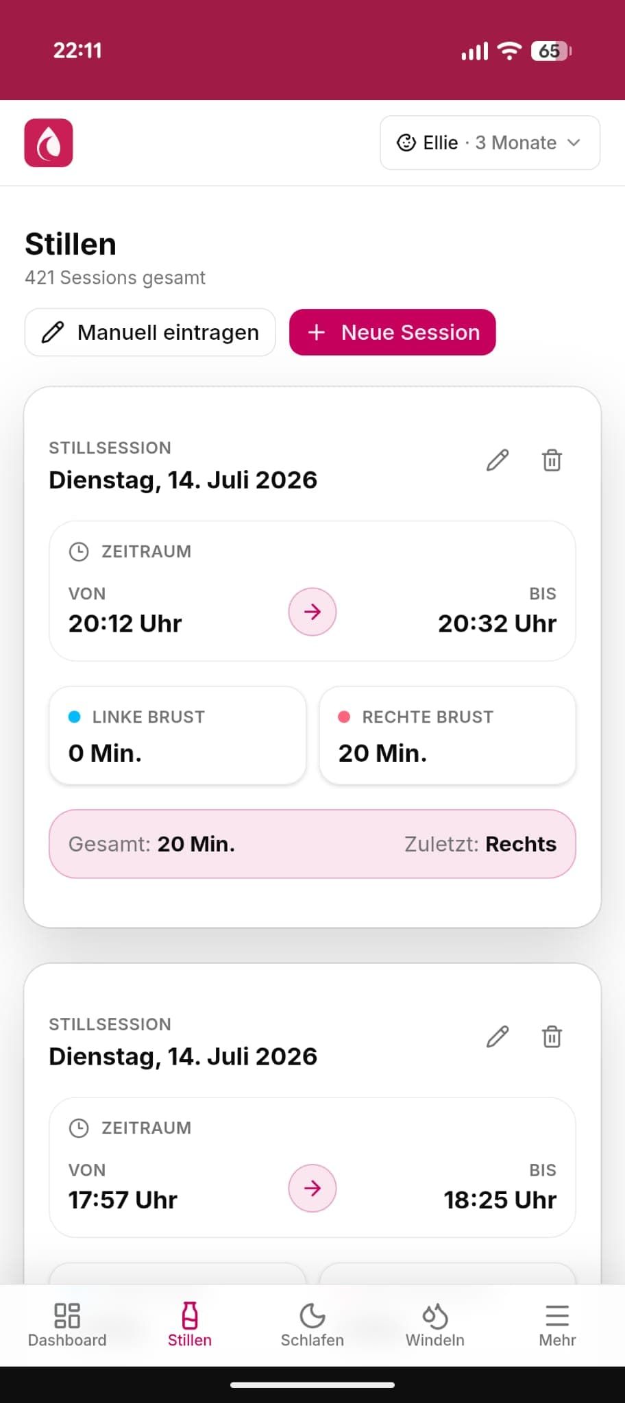 Liste dokumentierter Stillzeiten