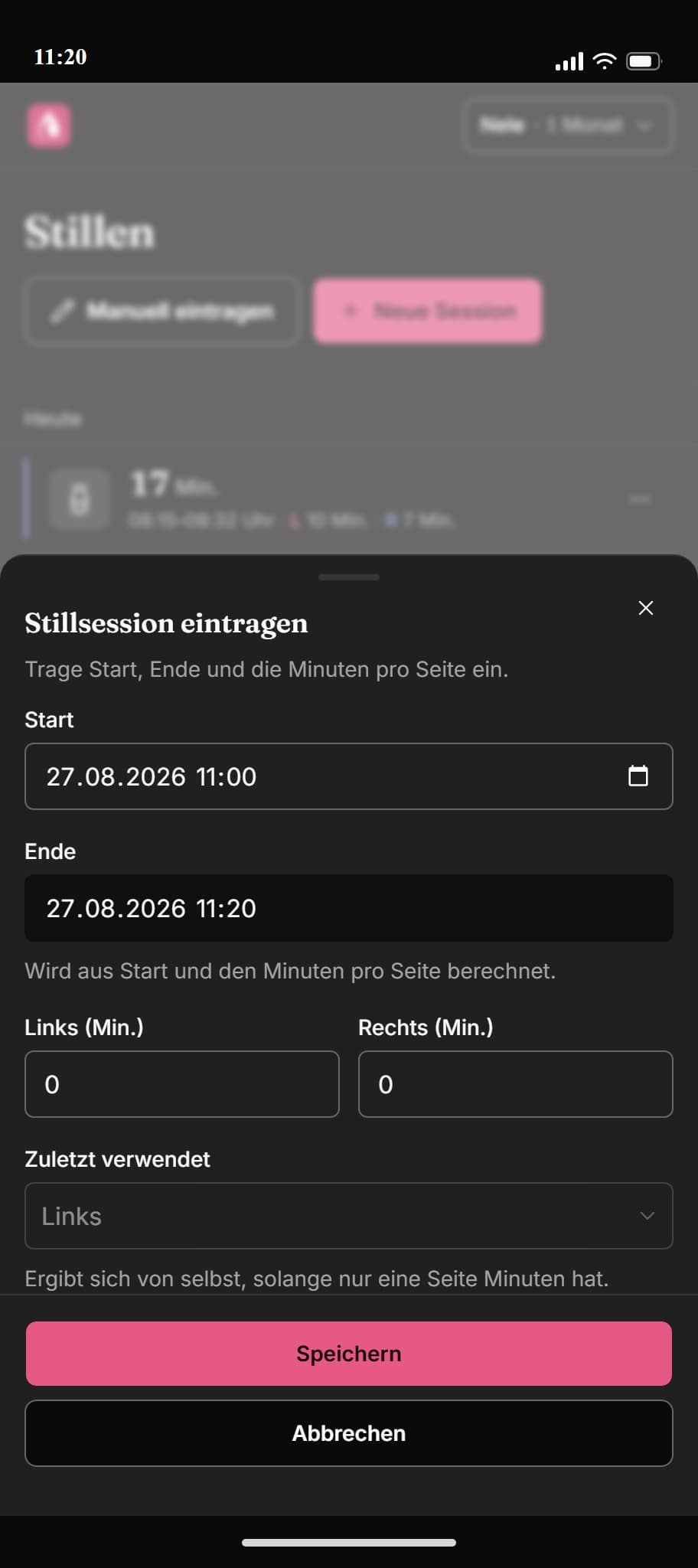 Dialog zum Nachtragen einer Still-Session