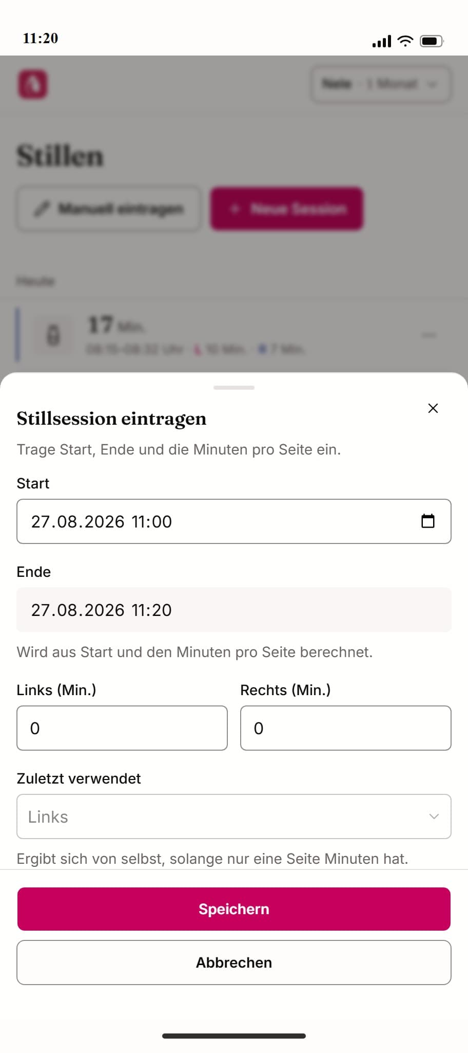 Dialog zum Nachtragen einer Still-Session