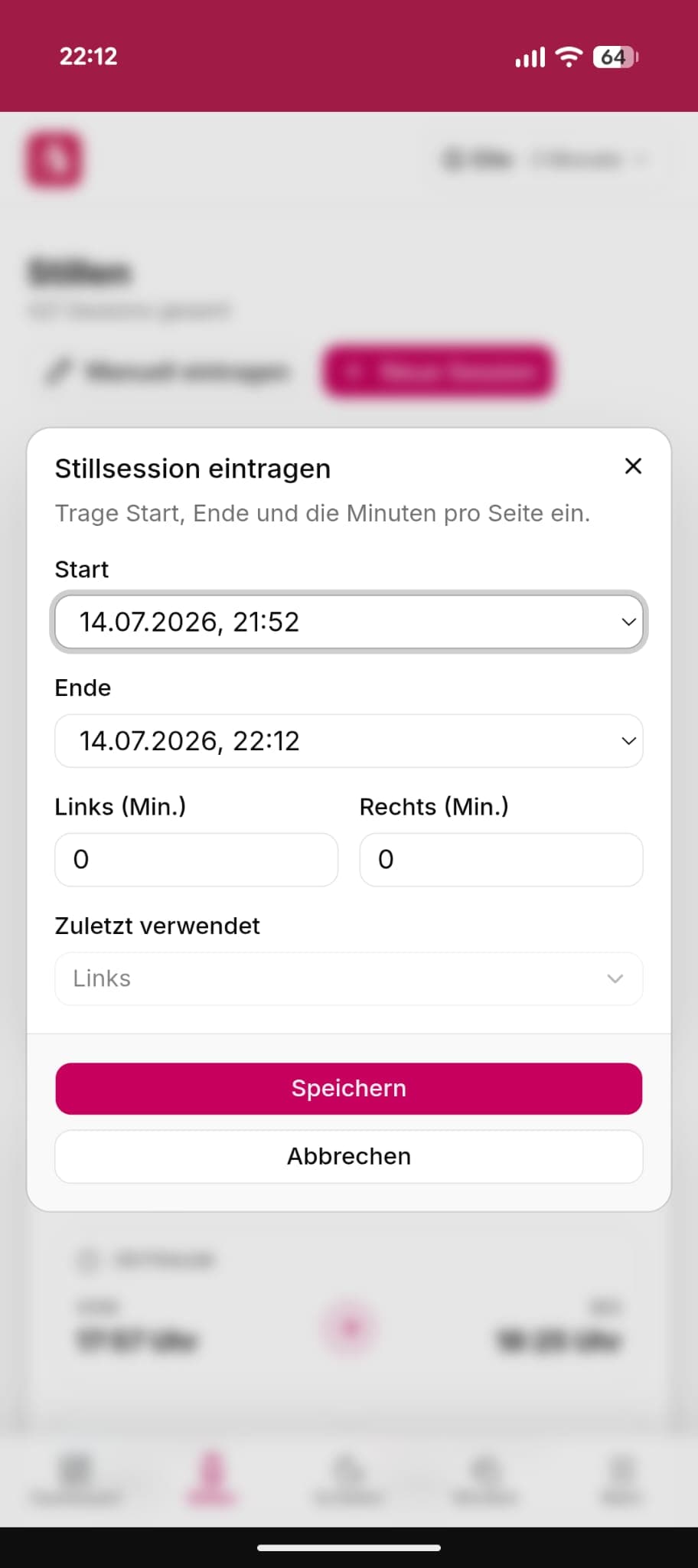 Dialog zum Nachtragen einer Still-Session