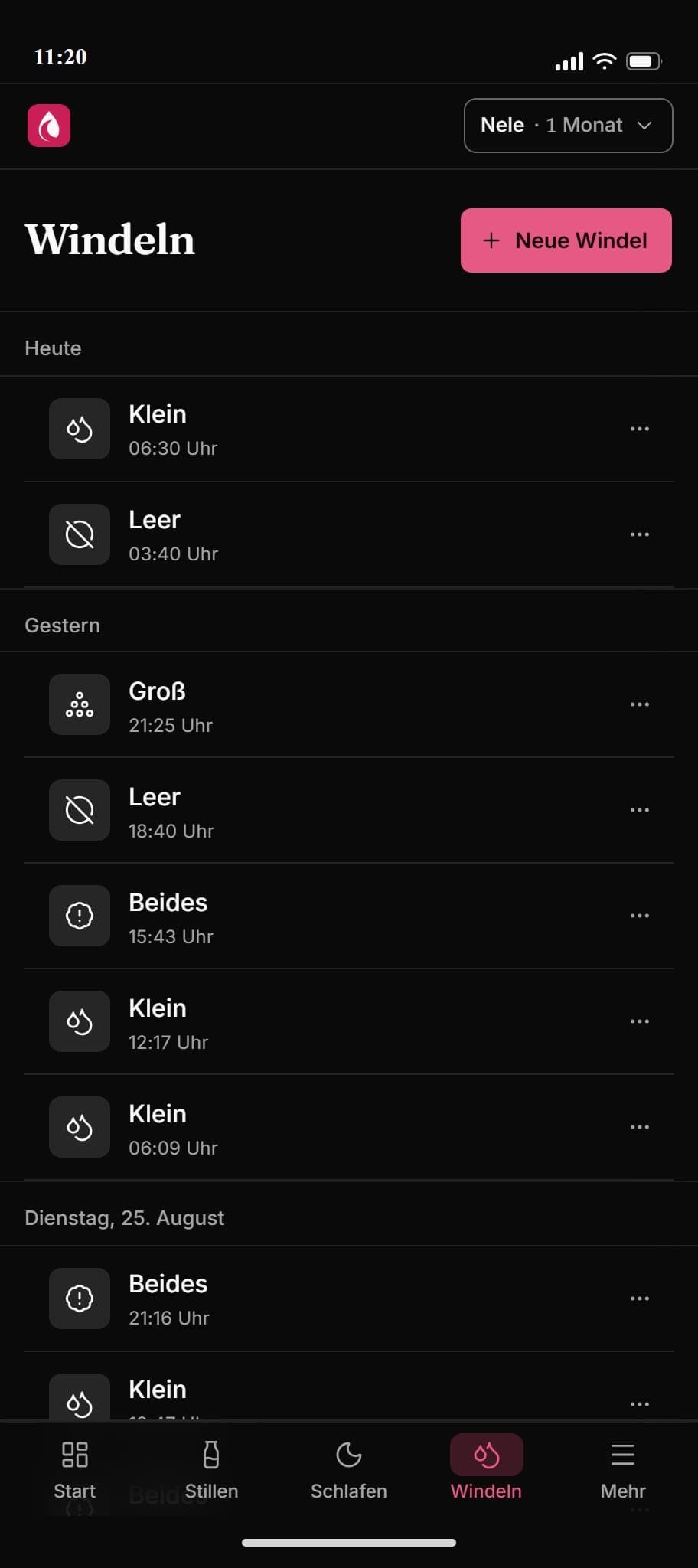 Windel-Eintrag in der kostenlosen Still App
