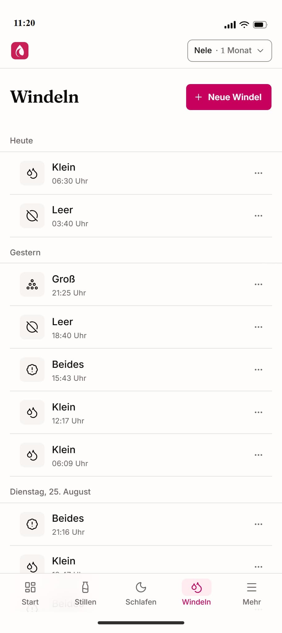 Windel-Eintrag in der kostenlosen Still App